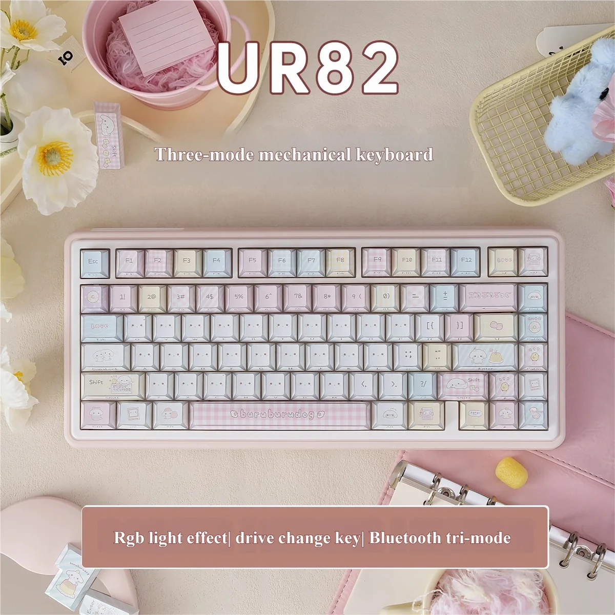 A cute puppy tri-mode mechanical keyboard featuring playful pastel puppy motifs, a soft color palette, and vibrant RGB illumination.