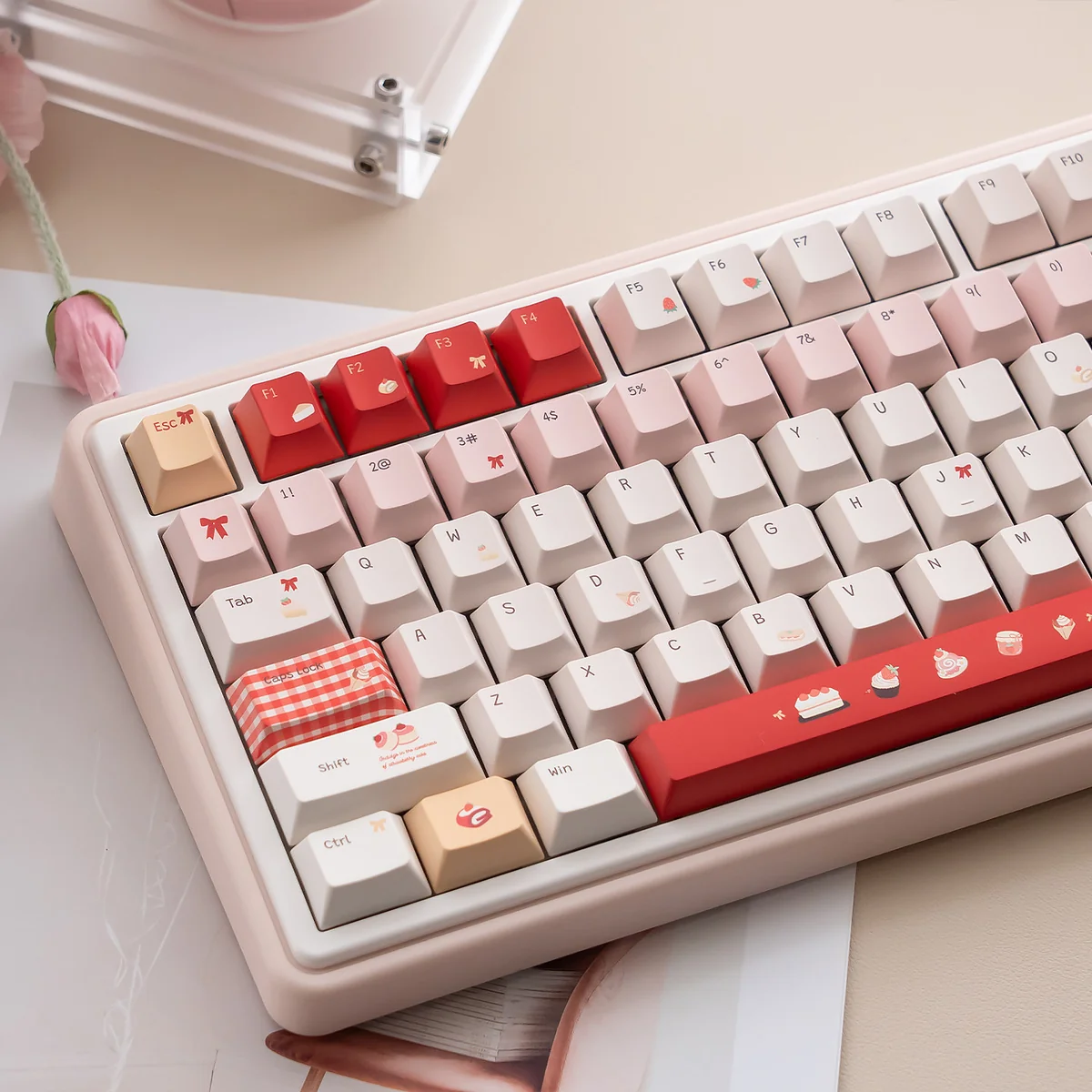 Cute UR82 Strawberry Dessert Tri-mode Mechanical Keyboard with playful pastel hues keycaps, creamy accents, and a sweet dessert theme.