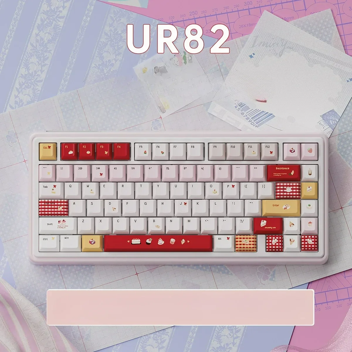 Different angle of the cute UR82 Strawberry Dessert Tri-mode Mechanical Keyboard, featuring its playful pastel hues keys with creamy accent.