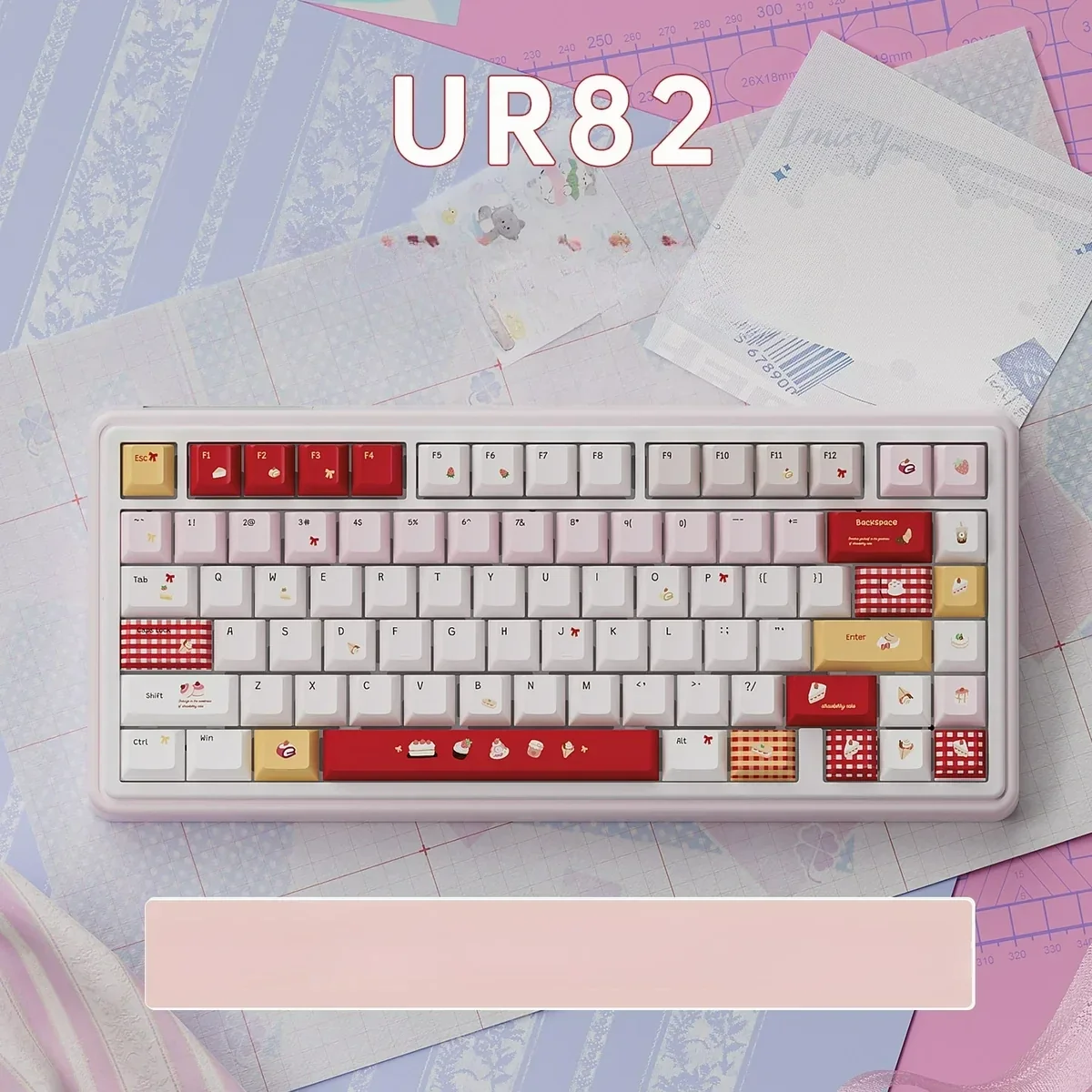 A playful, multi-angle view of the Cute UR82 Strawberry Dessert Tri-mode Mechanical Keyboard, showcasing its sweet pastel hues design.