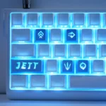 Close-up views of translucent Valorant: Agent's Skill Supplement Keycap Set, featuring crisp, colorful agent ability icons from various angles, bringing playful PC gaming setup.