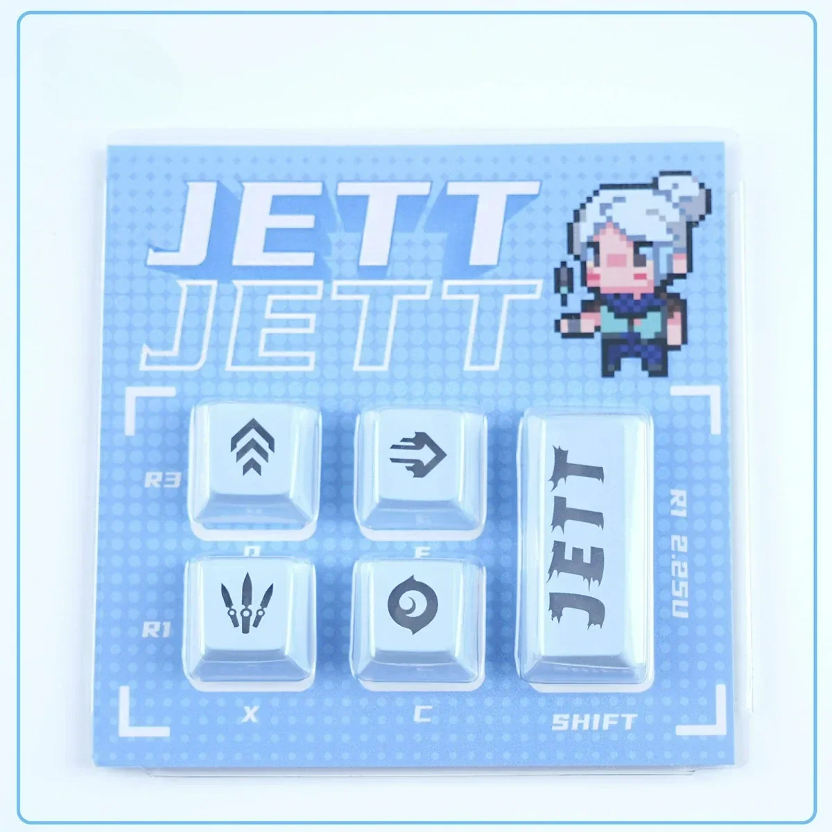 Iconic Valorant: Agent's Skill Supplement Keycap Set, playfully displayed from all angles, with vibrant translucent designs for immersive gaming setups.
