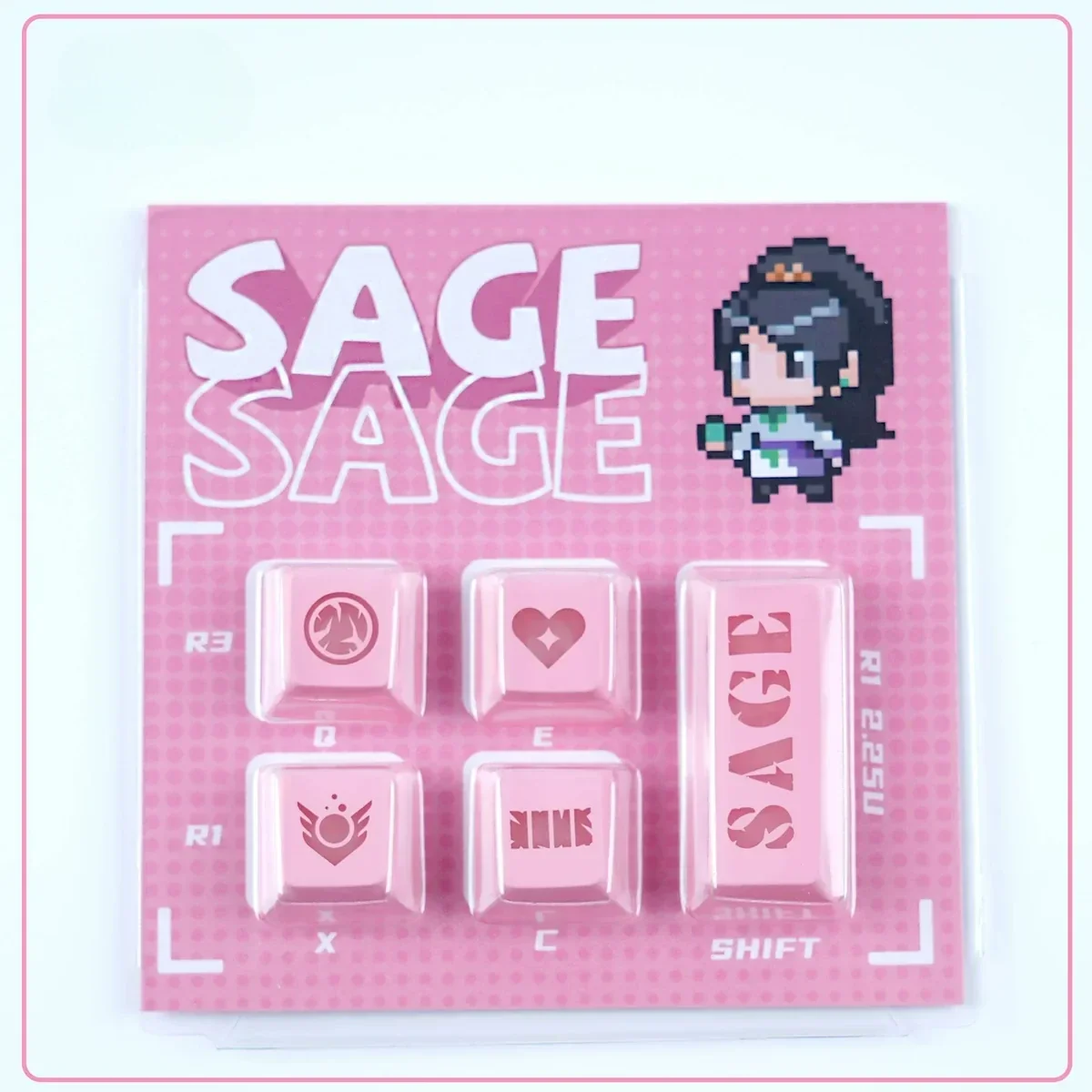Five vibrant translucent Valorant: Agent's Skill Supplement Keycap Set showcasing Sage's iconic Valorant agent skill icons, bringing playful immersion to your PC gaming setup.