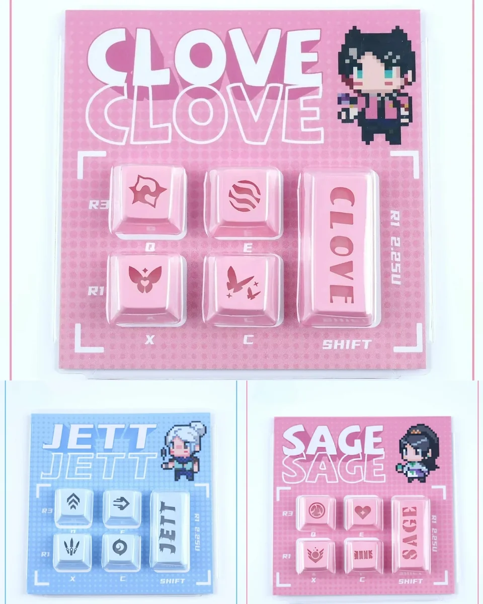 Playful display of Valorant: Agent's Skill Supplement Keycap Set, vibrant and translucent, perfect for enhancing your gaming setup with crisp aesthetics.