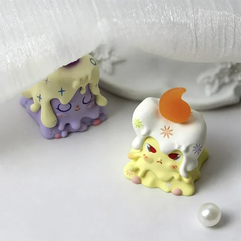 A whimsical 'Weaver of Light' resin artisan ESC keycap, handcrafted with vibrant yellow and purple ethereal details, showcasing its unique design.