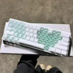 Detailed views of West Lake Keycaps Set, showcasing the serene PBT OEM keycap set in tranquil hues with subtle side legends.