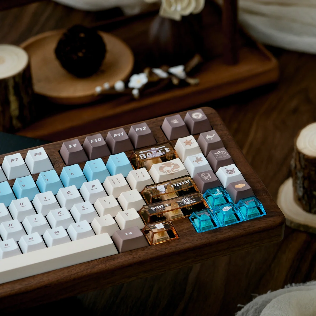 Distinctive Western Cowboy PBT and transparent PC keycaps set, showcasing rugged Wild West motifs, earthy palettes, and luminous accents from multiple angle.