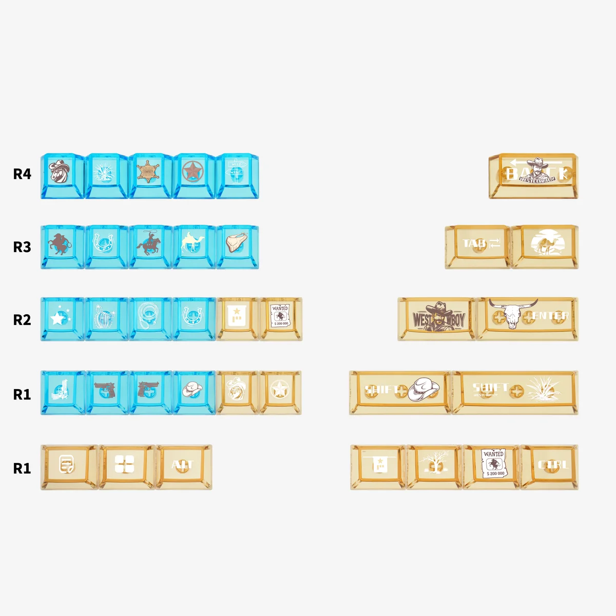 Artistic gallery of distinctive Western Cowboy PBT and transparent PC keycaps set, showing rugged Wild West motifs, earthy tones, and luminous accents.