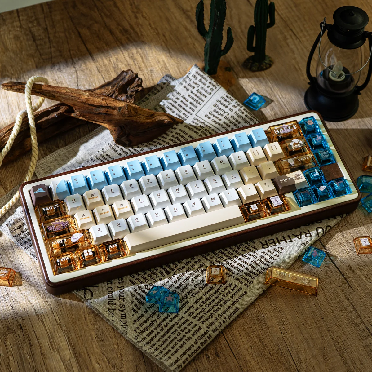 A gallery shot of Western Cowboy PBT and transparent PC keycaps set, revealing their artistic Wild West ruggedness and glowing PC details from various perspective angle.