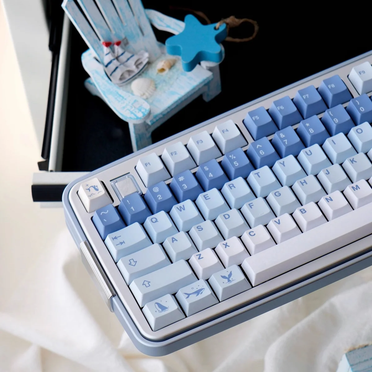 Ethereal Whale Dream PBT Keycaps Set gallery: various angles reveal durable PBT with tranquil whale designs on dreamy cloudscapes.