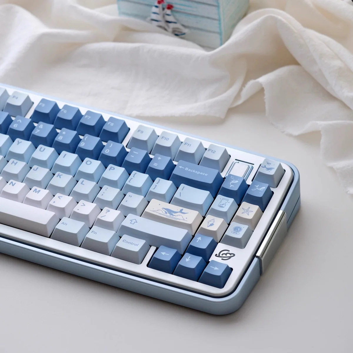 Ethereal Whale Dream PBT Keycaps set, durable PBT, tranquil Cherry Profile. Majestic whales on dreamy cloudscapes from various angles.