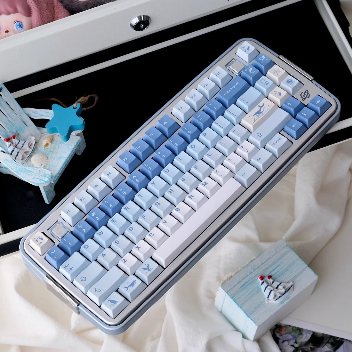 Multiple views of Ethereal Whale Dream PBT Keycaps Set showcasing the tranquil whale and cloudscape design across the durable Cherry set.