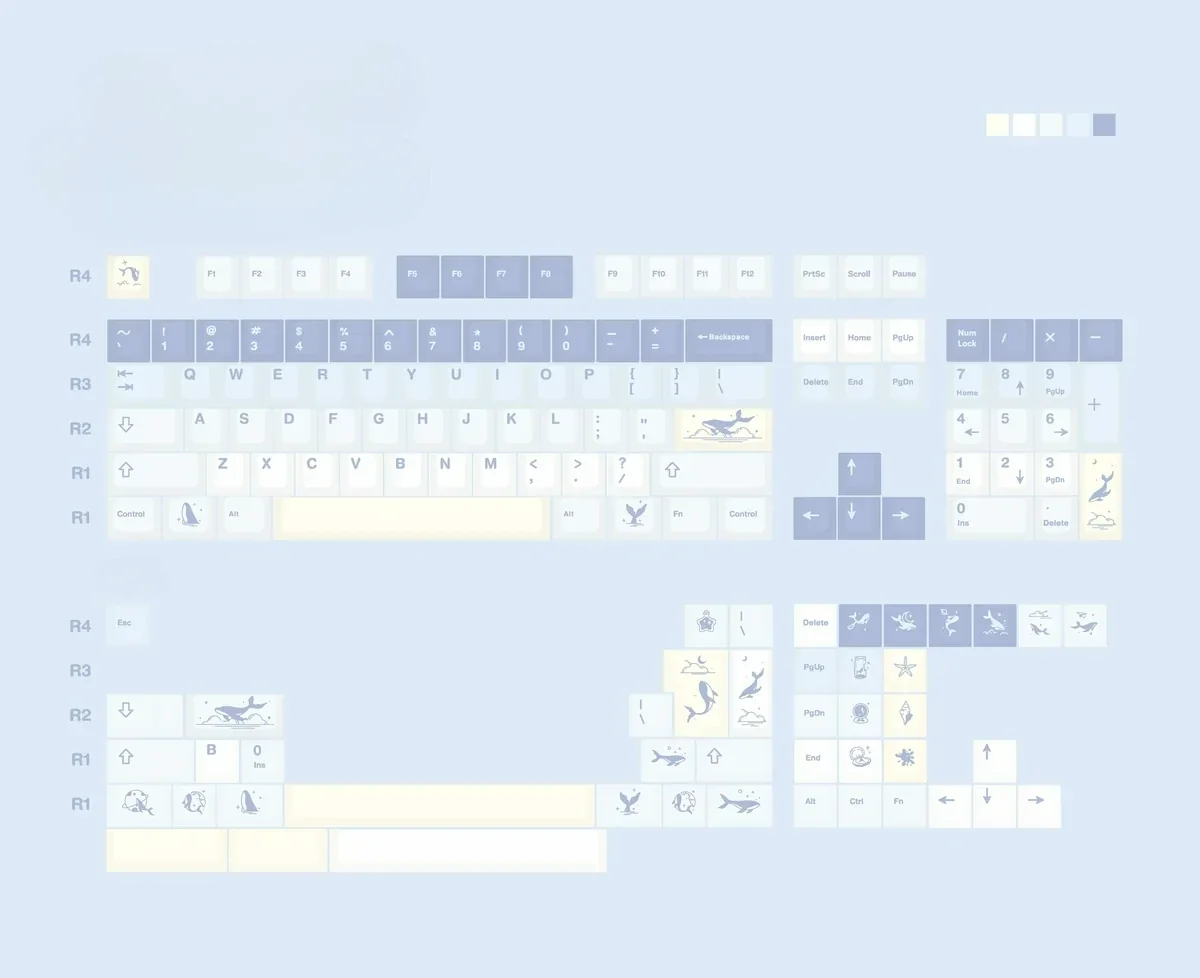 Ethereal Whale Dream PBT Keycaps Set gallery: durable PBT set showcasing tranquil whale and cloudscape design.