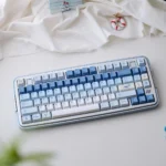 Ethereal Whale Dream PBT Keycap Set. Durable PBT set with majestic whales in tranquil blue cloudscapes, an artistic, dreamy keyboard look.