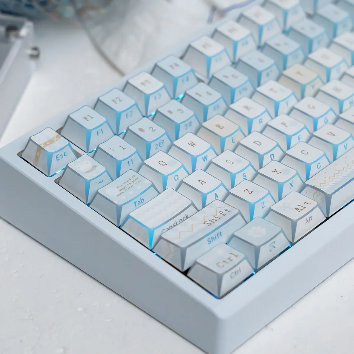 Geometric PBT Winter Keycap Set. Multiple views reveal side-printed legends, minimalist winter aesthetic, and captivating light and shadow.