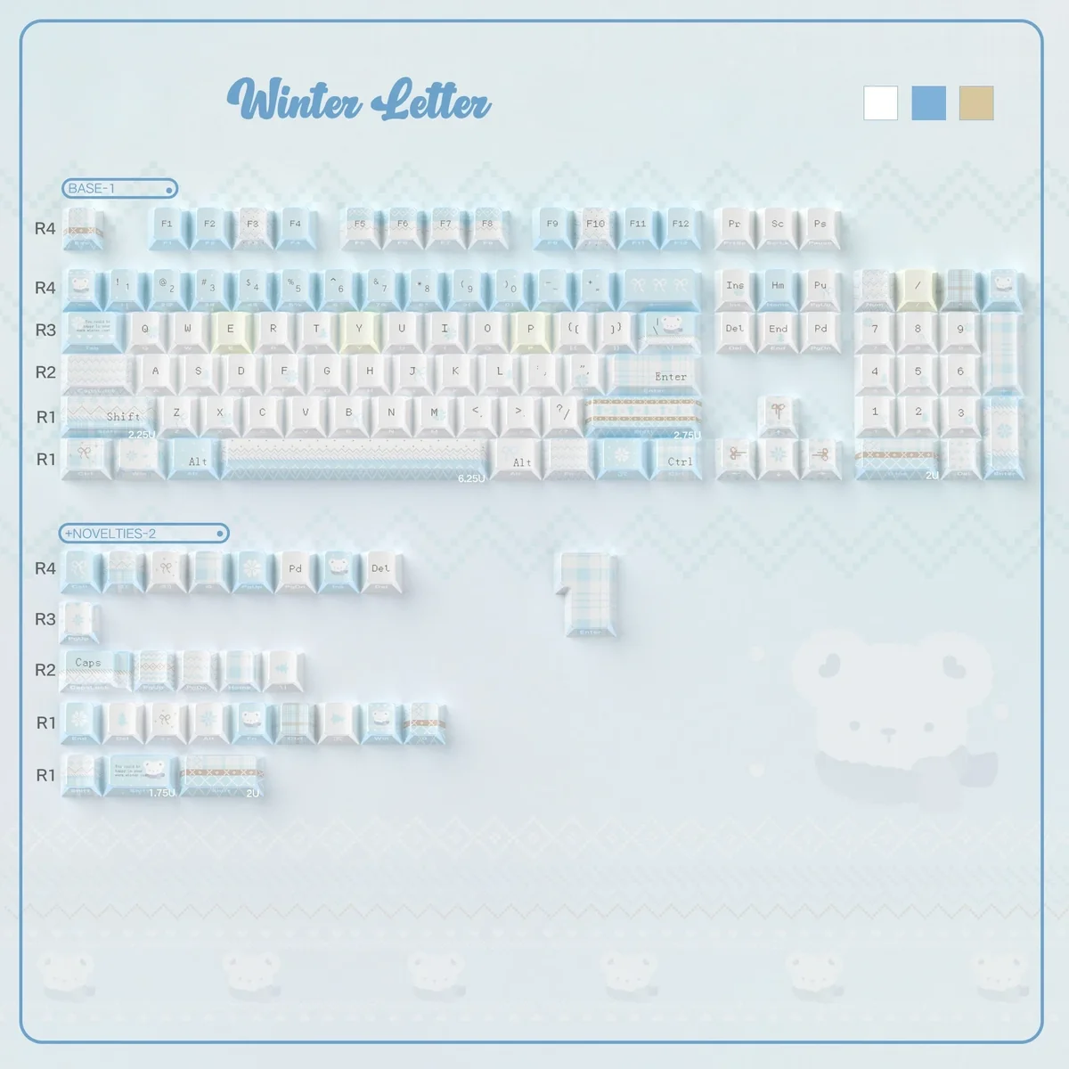 Winter Letter Keycap Set: Geometric PBT keycaps, side-printed, reflecting a minimalist winter aesthetic and artistic play of light.