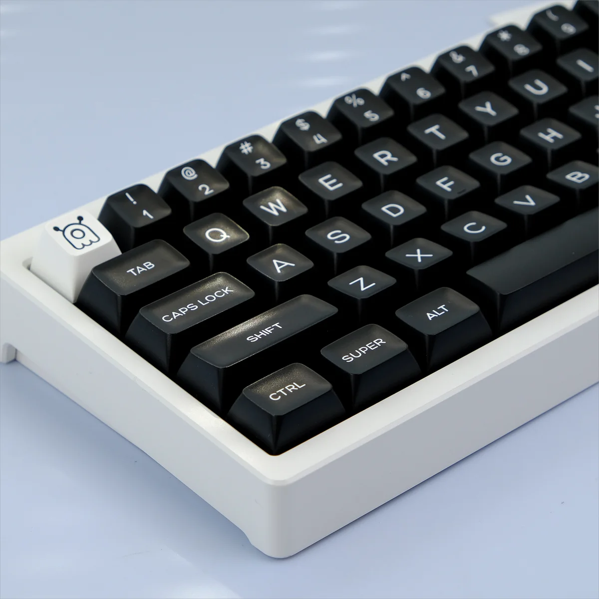 WOB PBT Keycap Set in various views, showcasing durable PBT, black and white contrast, ergonomic QXA profile for timeless elegance.