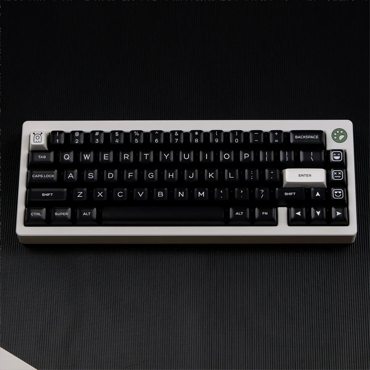 WOB PBT Keycap Set with ergonomic QXA profile, showcasing striking black and white contrast and durable PBT for timeless elegance.