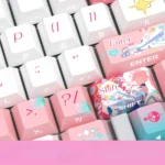 Dynamic angles of Wuthering Waves Aemeath side-lit PBT keycaps set, revealing their sleek futuristic design and vibrant translucent legends.