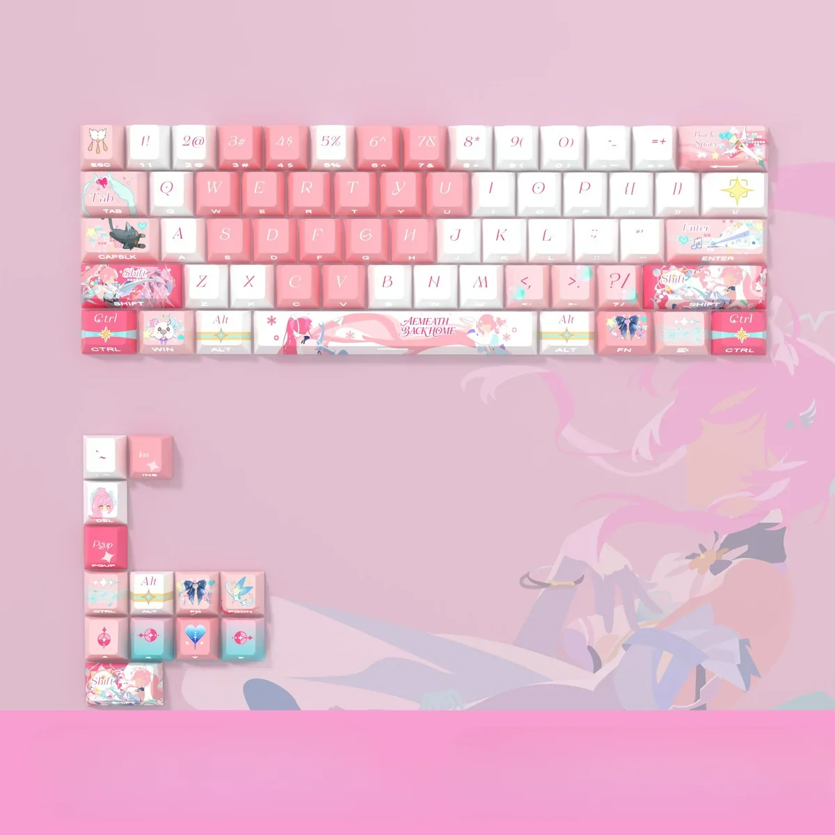 Wuthering Waves Aemeath side-lit PBT keycaps set from various angles. Sleek translucent legends and futuristic design create an immersive premium feel.