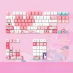 Explore the premium Wuthering Waves Aemeath side-lit PBT keycap set from multiple angles. Its futuristic design and sleek, translucent legends provided unique appearance.