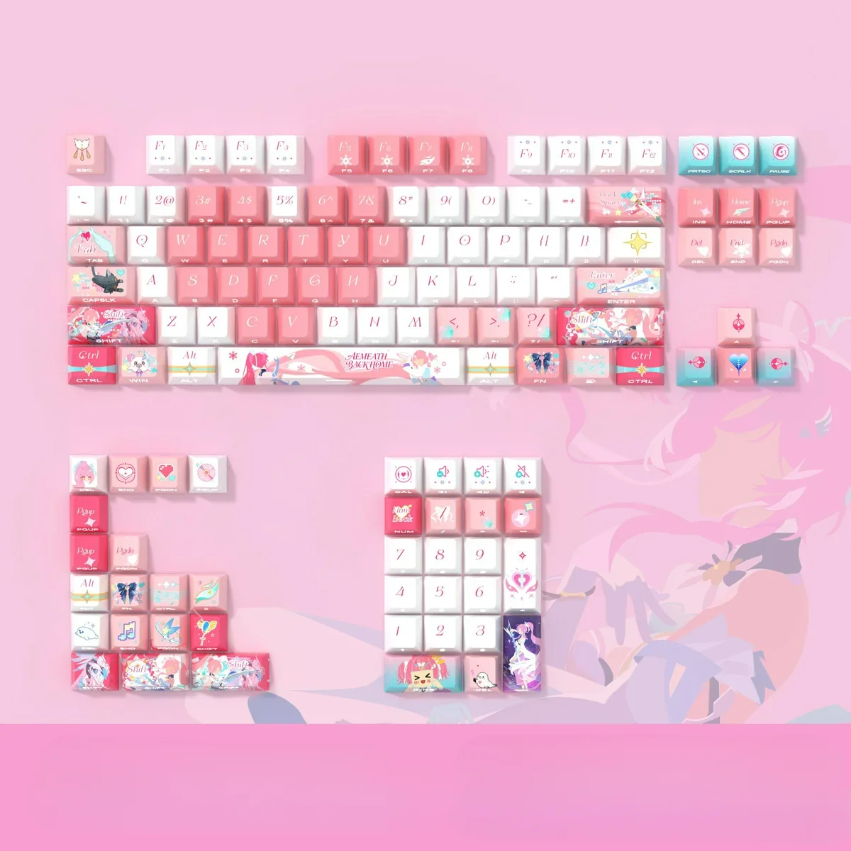 Explore the premium Wuthering Waves Aemeath side-lit PBT keycap set from multiple angles. Its futuristic design and sleek, translucent legends provided unique appearance.