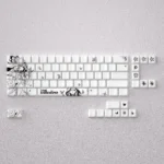 Wuthering Waves Shorekeeper dye-sub PBT keycap set close-up, revealing intricate ancient guardian motifs and serene hues, emphasizing durable material.