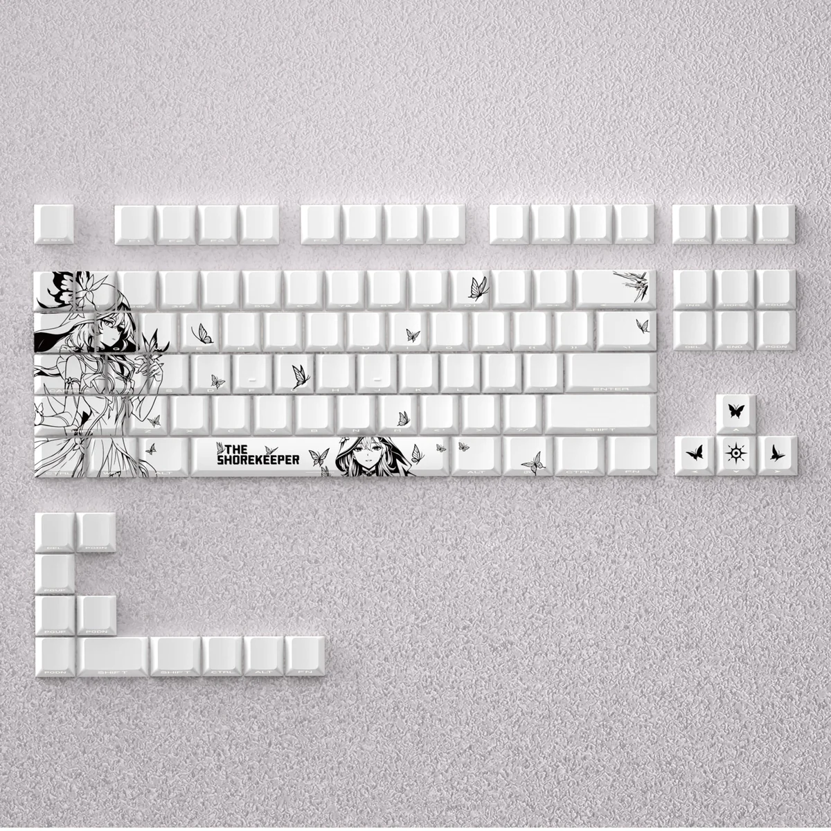 Wuthering Waves Shorekeeper dye-sub PBT keycap set displayed from various angles, showcasing the mystical lore and serene guardian motifs.