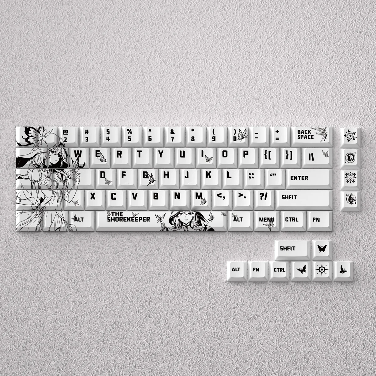 Close-up of Wuthering Waves Shorekeeper Dye-Sub PBT keycaps set from a different angle, revealing the intricate mystical lore and serene accents.