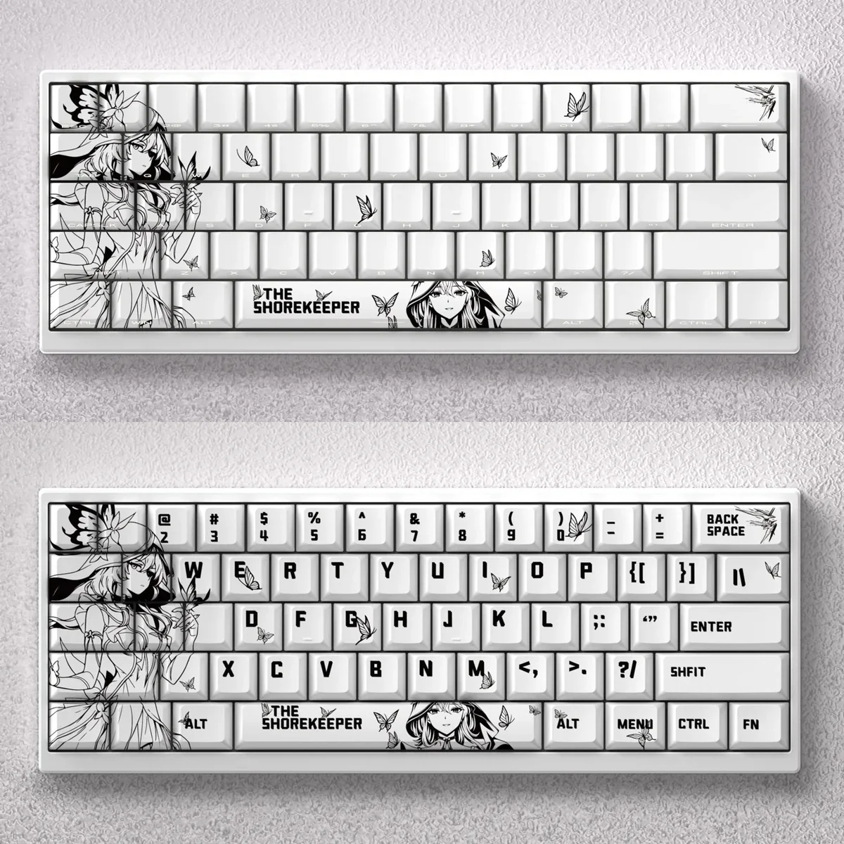 Wuthering Waves Shorekeeper dye-sub PBT keycaps set featuring mystical lore, serene tones, and ancient guardian motifs, perfect for custom keyboard.