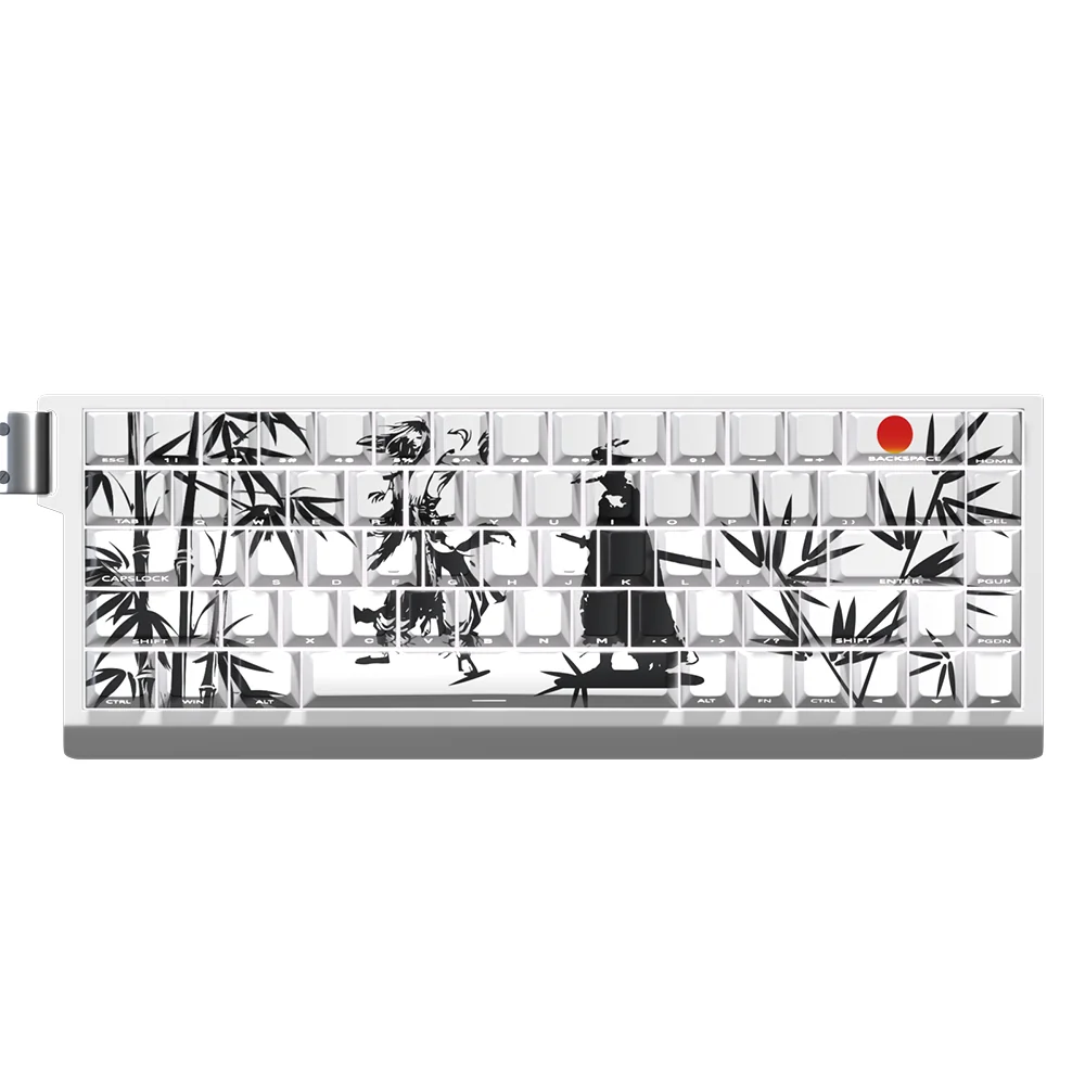 An artistic, dynamic angle of the Wuxia Forest Duel PBT keycap set, displaying intricate martial arts and mystical forest designs for immersive gaming design.