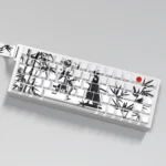 Close-up of the Wuxia Forest Duel PBT keycap set, revealing intricate Wuxia martial arts characters in a mystical forest. Artistic, immersive gaming setup.