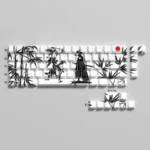 Artistic Wuxia Forest Duel PBT keycap set, featuring dynamic martial arts and mystical forest designs. Immersive gaming keycaps, various angles.