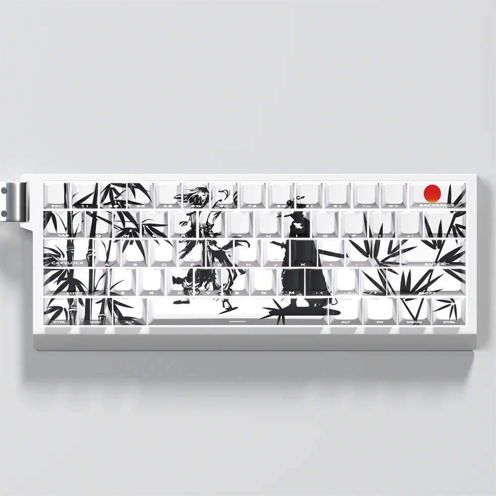 Captivating Wuxia Forest Duel PBT keycap set main image, showcasing dynamic martial arts scenes in a mystical ancient forest, creating an immersive design.