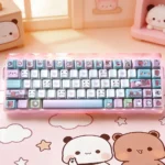 Exclusive Yier & Bubu Whimsical PBT Dye-Sub Keycap Set. See charming character art, soft colors, and translucent PC accent keys from multiple angles.