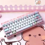 Whimsical Yier Bubu Keycap Set showcasing exclusive PBT dye-sub artistic character illustrations, soft colors, and translucent PC accent keys.