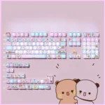 Exclusive Yier & Bubu 140-key PBT dye-sub keycap set, showcasing whimsical character art and soft-hued translucent accents.