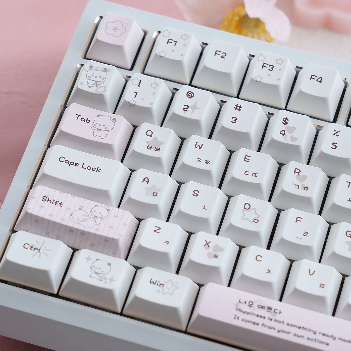 Close-up of vibrant Yier Bubu PBT dye-sublimated keycaps set from different angles, showcasing their unique whimsical character art and charming designs.