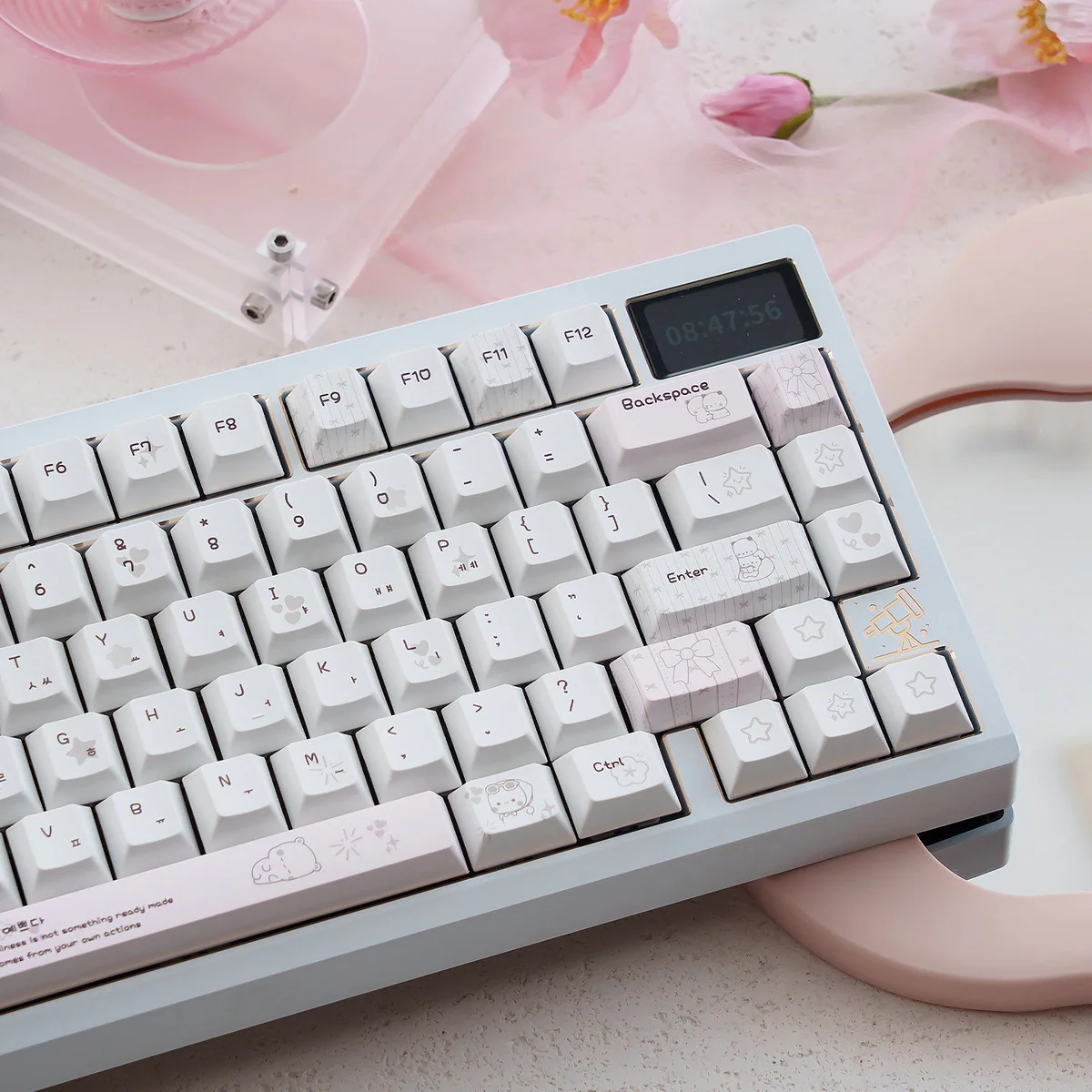 Whimsical Yier & Bubu PBT dye-sublimated keycaps set, displayed from various angles. Features vibrant, unique character art for an artistic keyboard.