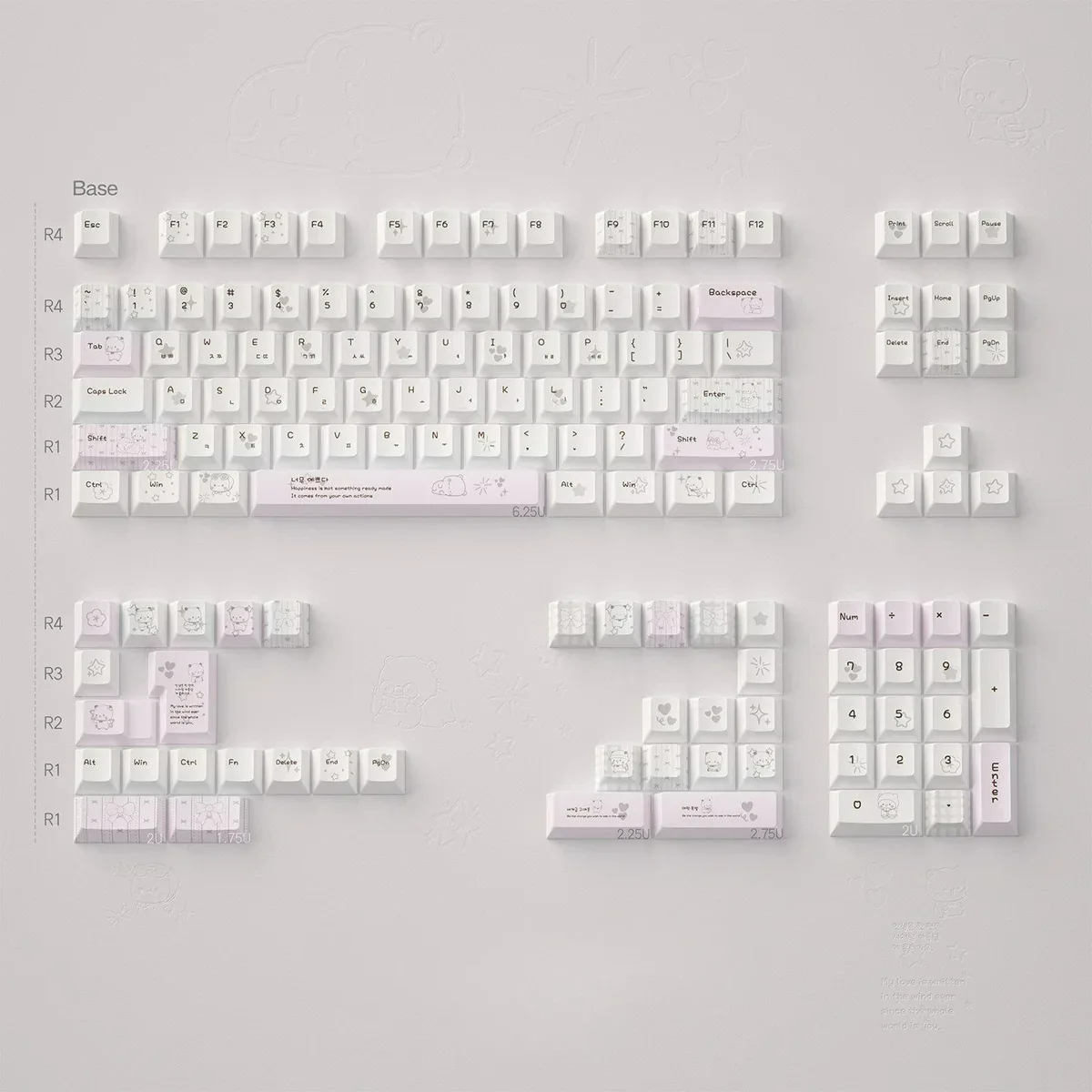 Whimsical Yier & Bubu PBT dye-sublimated keycaps set displayed from various angles, showcasing vibrant character art and unique details.