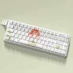 Detailed view of vibrant Yotsuba Nakano dye-sub PBT keycaps set, showcasing intricate anime character art and premium texture, side-lit for an enhanced RGB glow.
