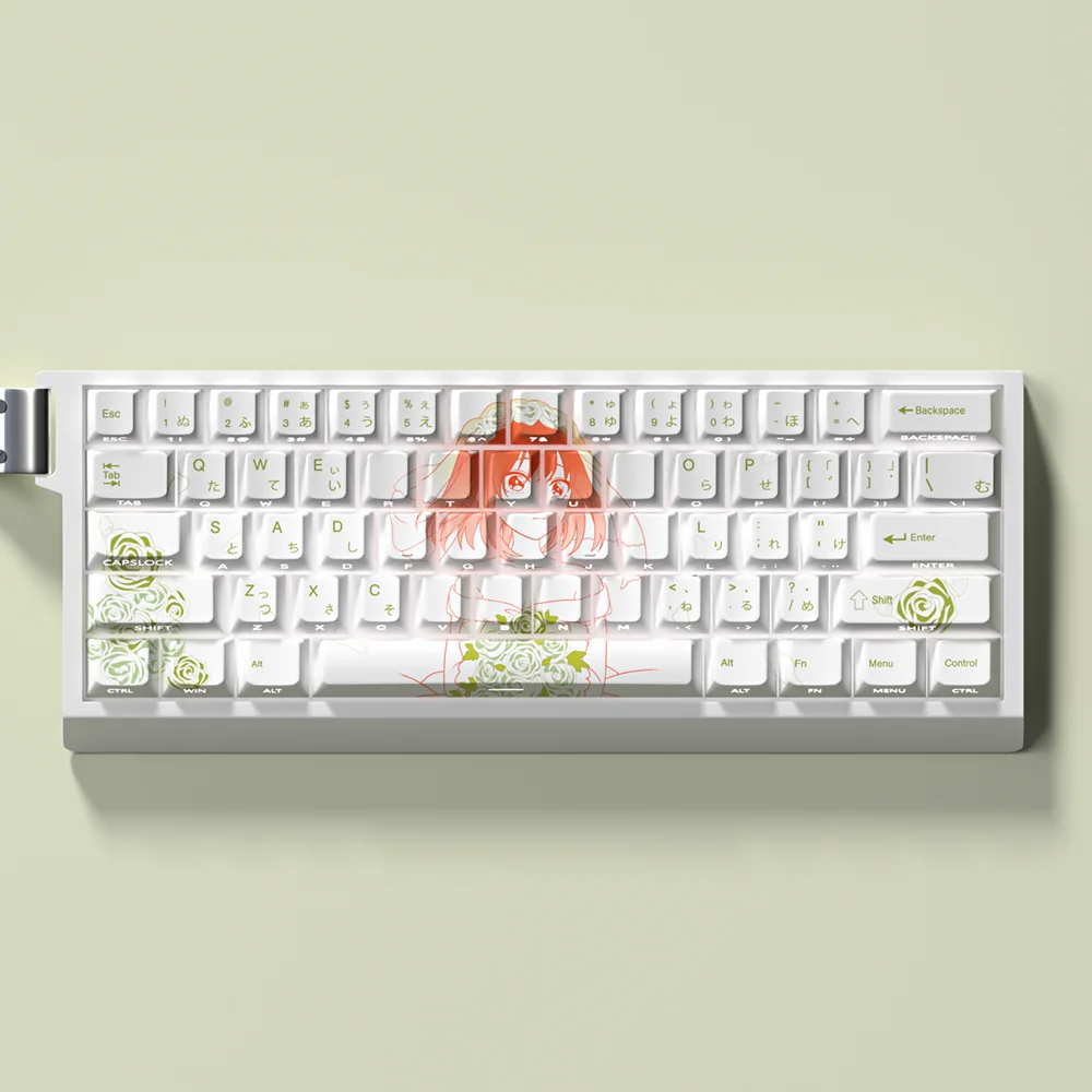Exclusive Yotsuba Nakano keycaps set, showcasing vibrant dye-sub PBT anime character art, dynamically side-lit for an artistic RGB glow.