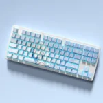 Yuki Side-Printed Backlit PBT Keycaps. Multiple views emphasize crisp Cherry profile, clean side legends, and a serene modern aesthetic.