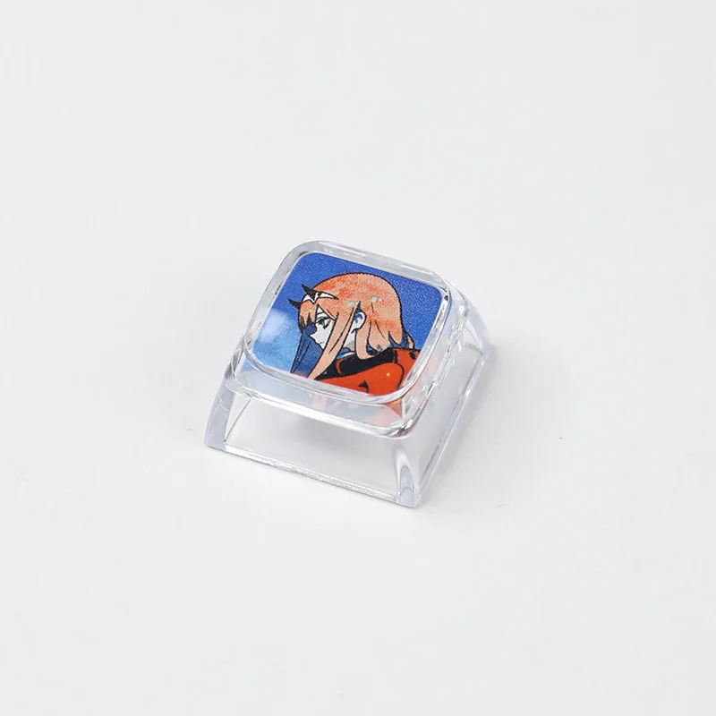 Close-up of the premium Zero Two keycap, highlighting its vibrant DARLING in the FRANXX anime design and iconic pink and red hues from a distinct an