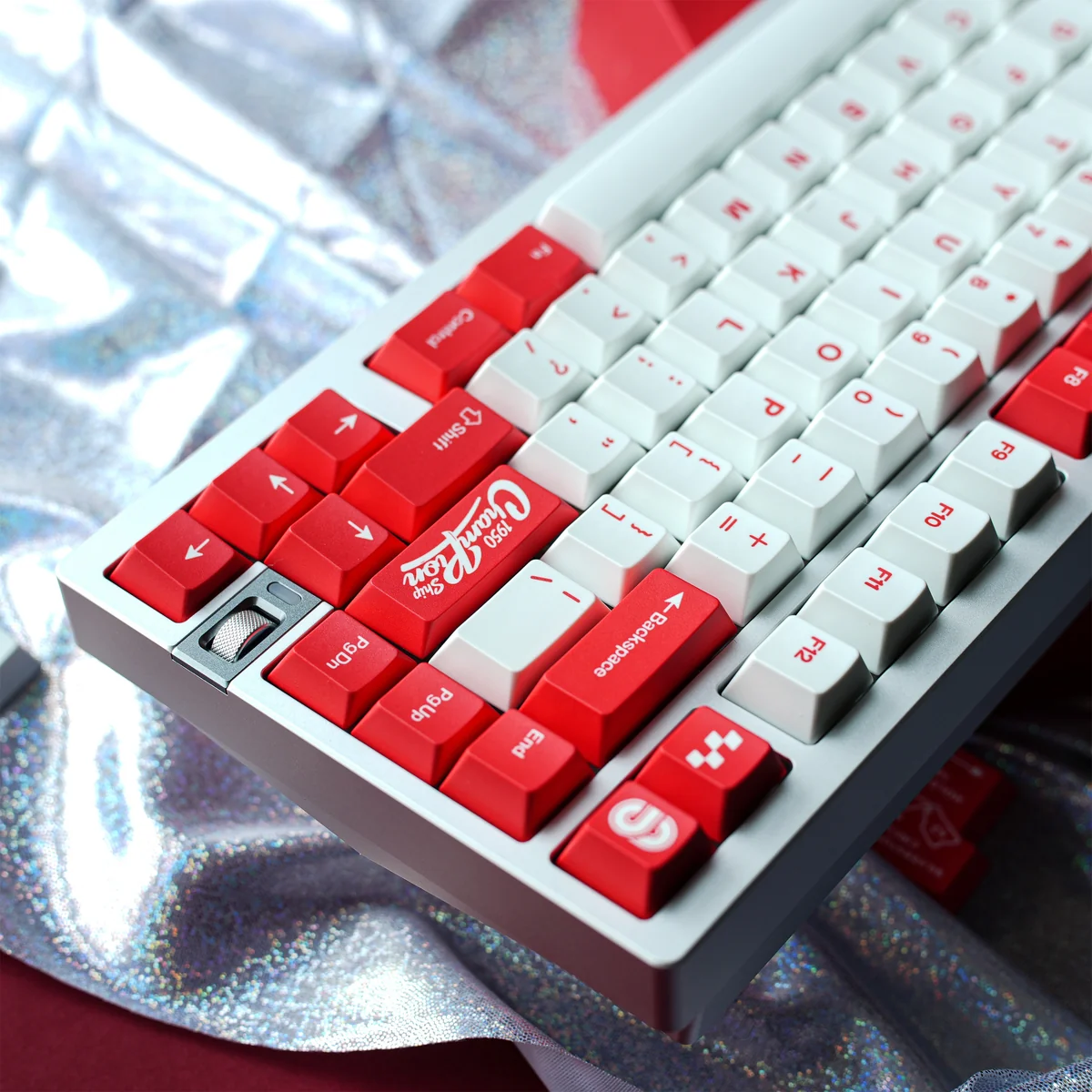 Close-up of the 1950s Championship Dye-Sub PBT Keycap Set, showcasing its vintage fonts, classic colors, and retro aesthetic from multiple angles.