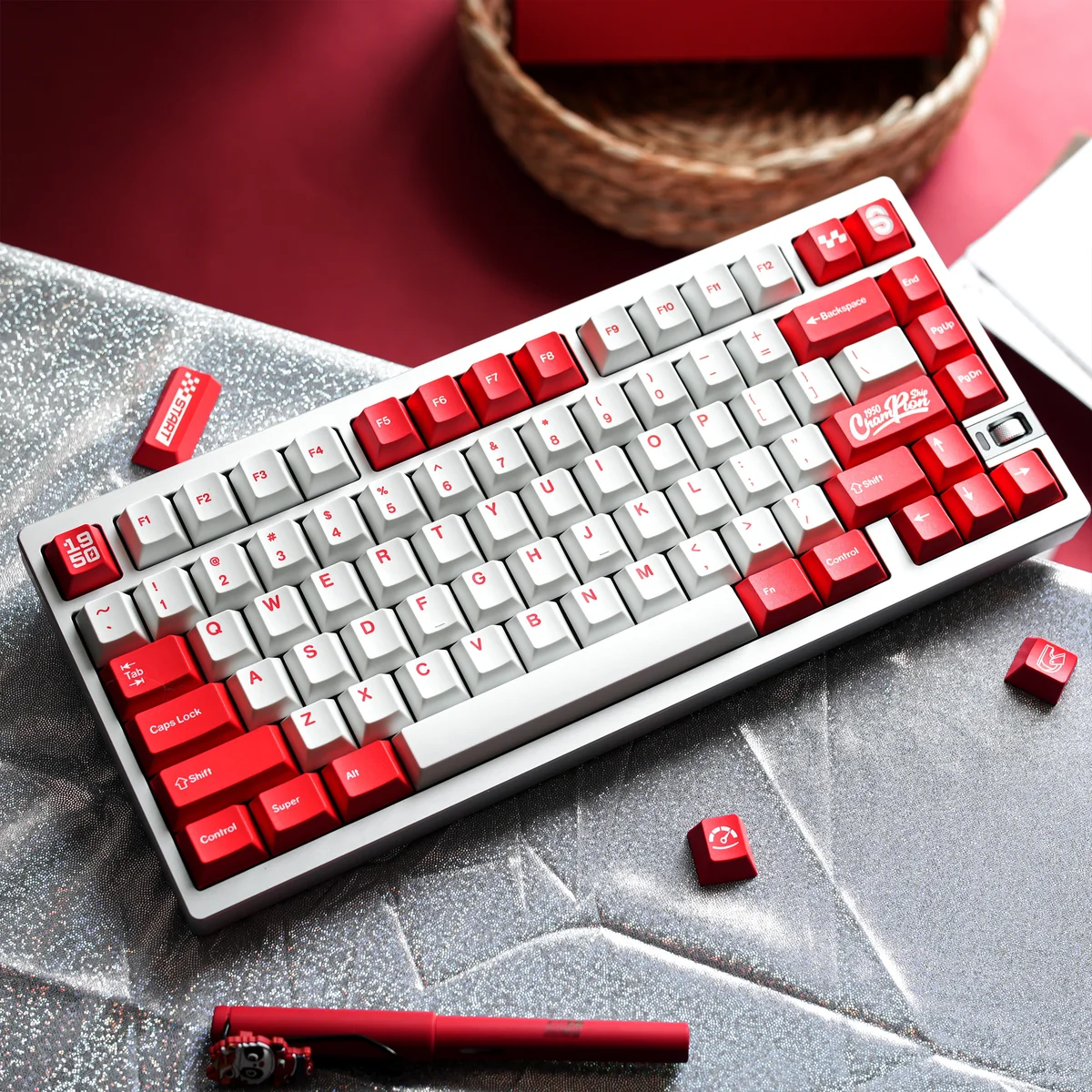 Detailed view of the 1950s Championship Dye-Sub PBT Keycap Set, highlighting the durable PBT material and crisp dye-sub legends with a vintage sports.