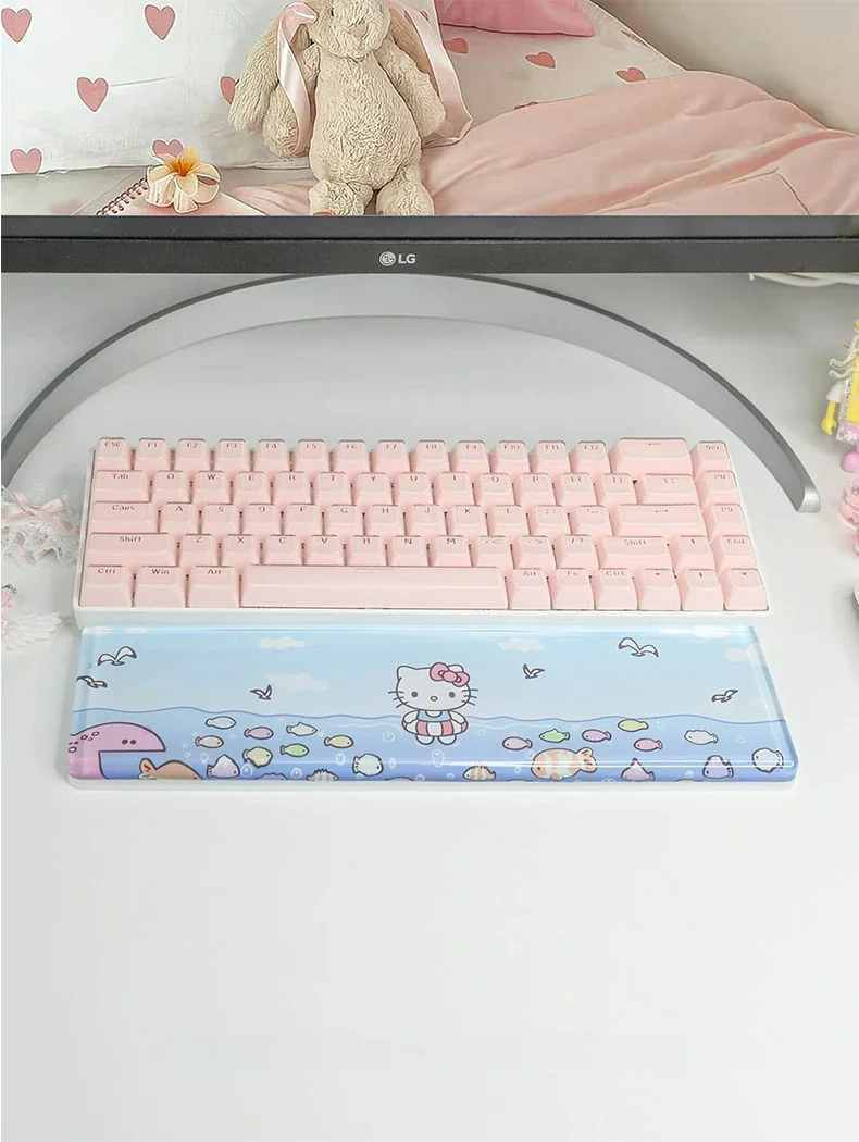 Adorable Hello kitty wrist rest, beautifully designed with whimsical flowing lines and vibrant colors, offering ergonomic comfort.