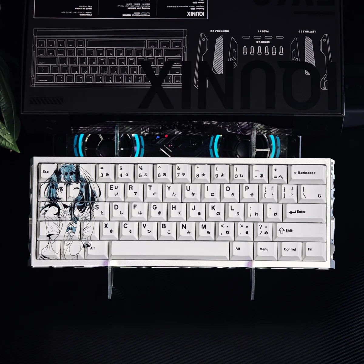 Exclusive Anna Yanami PBT dye-sub keycap set, black and white anime art from Too Many Losing Heroines! across multiple angles.