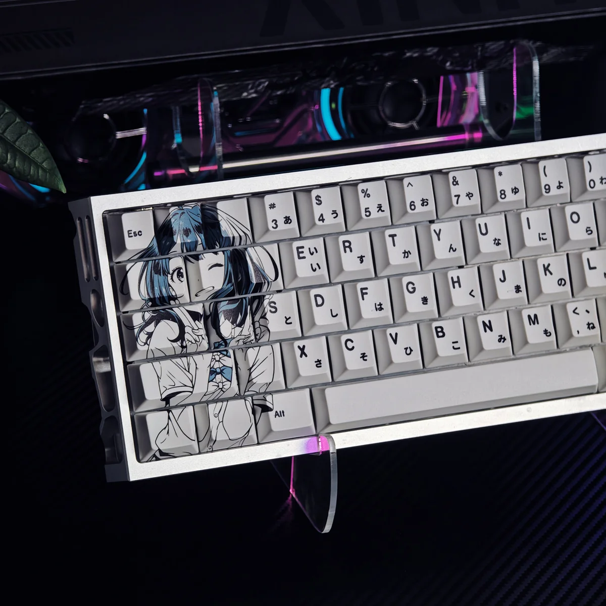 Anna Yanami exclusive PBT dye-sub keycap set, showcasing its premium black and white anime design inspired by Too Many Losing Heroines! aesthetics.