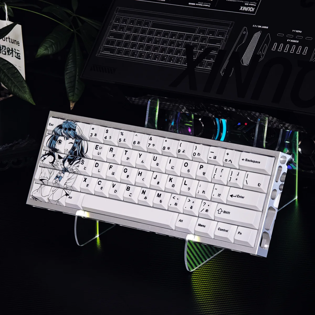 Anna Yanami keycap set displaying exclusive anime character art in striking black and white, premium PBT dye-sublimated keycaps for Too Many Losing Heroines!